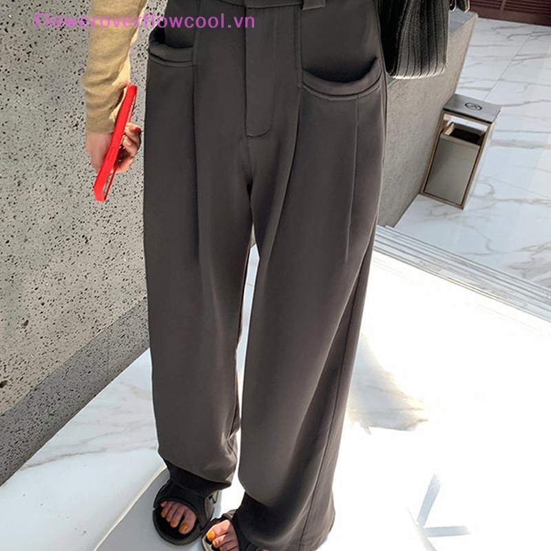 Quần ống rộng Lưng Cao Màu Trơn Phối Túi Thời Trang 2023 Cho Nữ