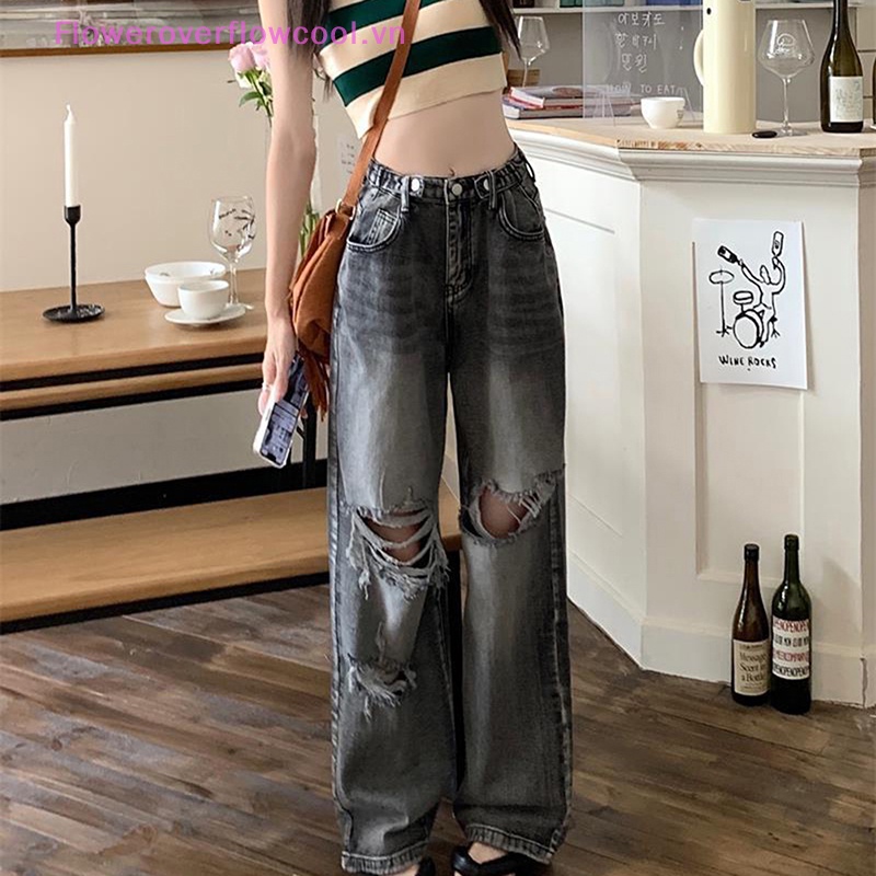 Quần Short Jean Rách Ống Rộng Lưng Cao Theo Phong Cách Đường Phố Vintage