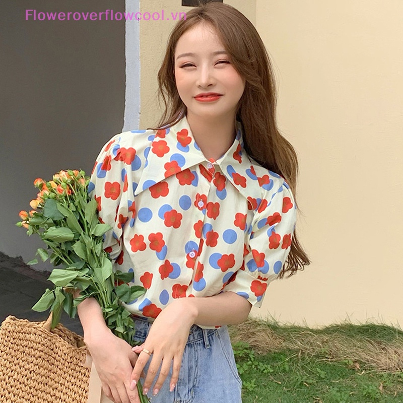 FOFC Women Flower Button Up Blouses Shirts Vintage Puff Sleeve Tops HOT