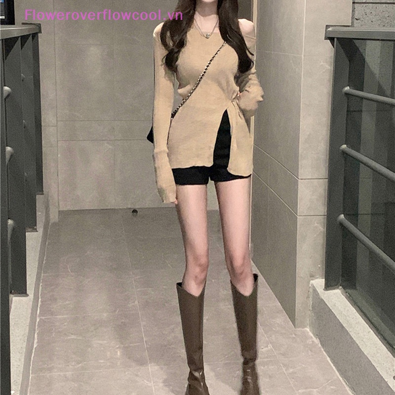 Áo Thun Dệt Kim Tay Dài Trễ Vai Dáng Ôm Thời Trang Quyến Rũ Cho Nữ