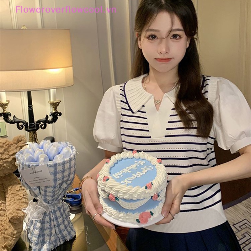 Áo Thun Dệt Kim Tay Ngắn Dáng Rộng Cổ Bẻ In Họa Tiết Kẻ Sọc Thời Trang Mùa Hè Cho Nữ