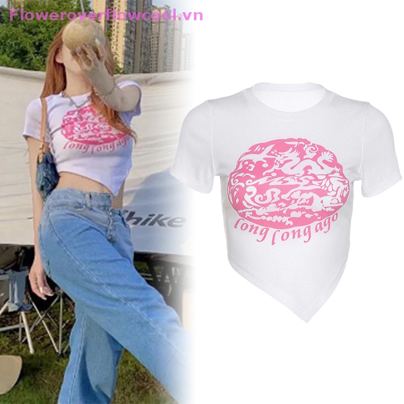 Áo Thun Crop Top Tay Ngắn Cổ Tròn In Họa Tiết Retro Mỹ Cho Nữ