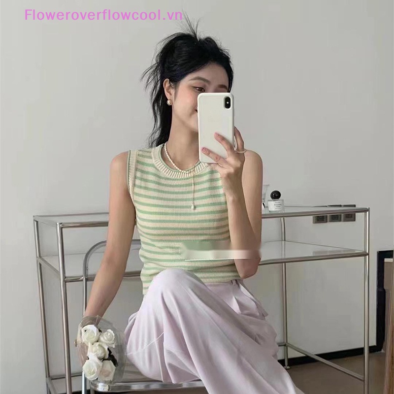 Áo Dệt Kim Sát Nách Cổ Tròn Họa Tiết Kẻ Sọc Phong Cách Retro Thời Trang Mùa Hè Cho Nữ