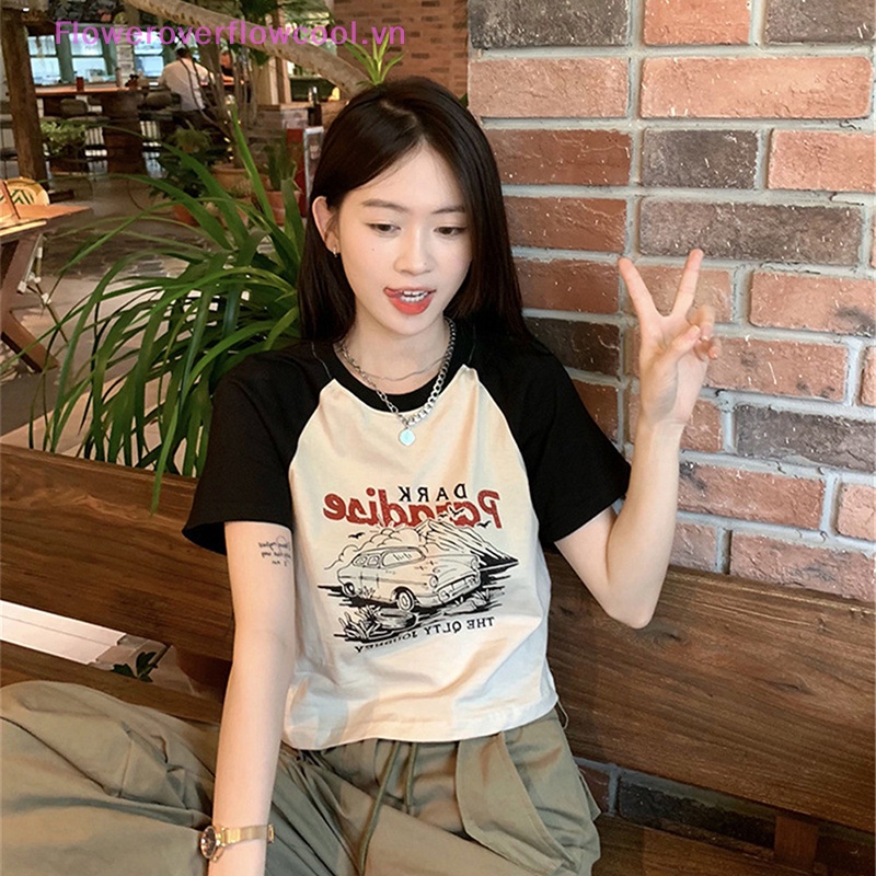 Áo Thun Crop Top Tay Ngắn Cổ Tròn In Họa Tiết Phong Cách Retro Mỹ Thời Trang Cho Nữ