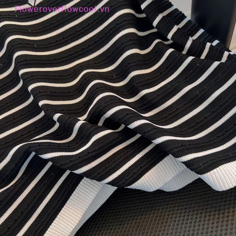 Áo Croptop Dệt Kim Tay Ngắn Cổ Tròn Dáng Ôm In Họa Tiết Kẻ Sọc Thời Trang Mùa Hè Cho Nữ