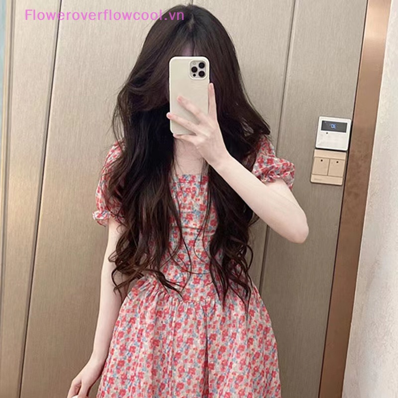 Đầm Chiffon Cổ Vuông Tay Phồng In Họa Tiết Hoa Thời Trang Mùa Hè Cho Nữ