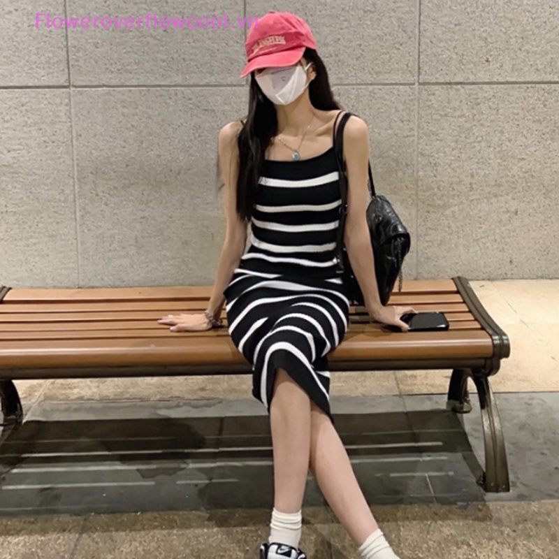 Fofc Đầm Midi Hai Dây Dệt Kim Ôm Dáng Co Giãn Họa Tiết Kẻ Sọc Đơn Giản Thời Trang Cho Nữ
