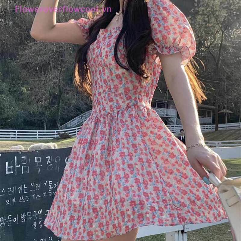 Đầm Chiffon Cổ Vuông Tay Phồng In Họa Tiết Hoa Thời Trang Mùa Hè Cho Nữ