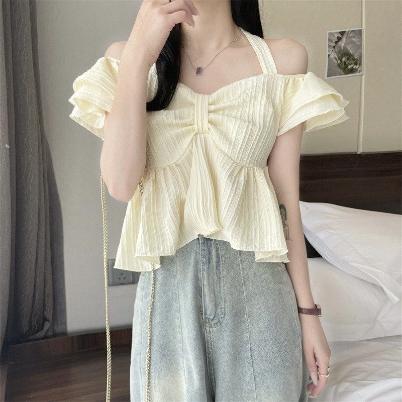 Áo Kiểu Trễ Vai Phối Bèo Nhún Phong Cách Pháp