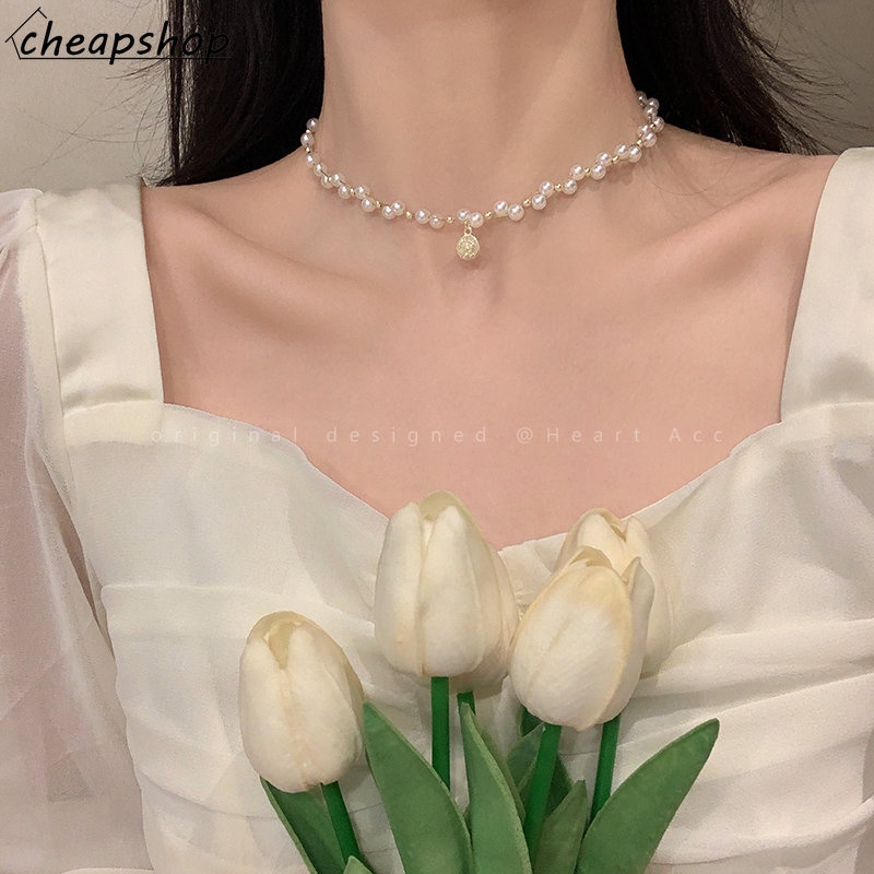 Vòng cổ choker IF YOU màu vàng kim đính ngọc trai cổ điển cho nữ