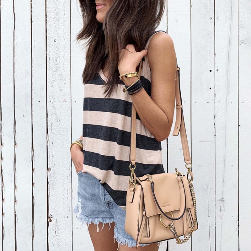 Xiangbao Áo Tank Top Không Tay Cổ Chữ V Họa Tiết Kẻ Sọc Thời Trang Thường Ngày Cho Nữ