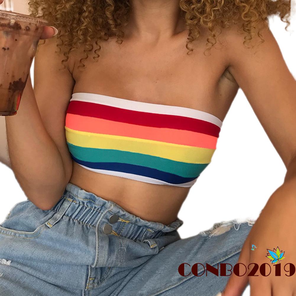 Áo Croptop Trễ Vai Họa Tiết Sọc Cầu Vồng Thời Trang Dành Cho Nữ