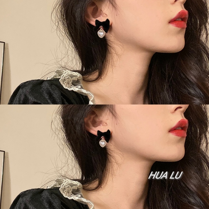 Bông Tai Hình Nơ / Trái Tim Bằng Nhung Đen Đính Ngọc Trai Thời Trang Lãng Mạn Cho Nữ