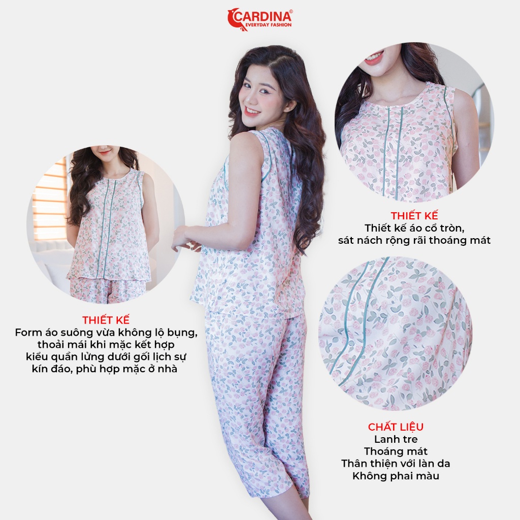 Đồ Bộ Nữ 𝐂𝐀𝐑𝐃𝐈𝐍𝐀 Chất Lanh Tre Cao Cấp Quần Lửng Áo Sát Nách Cổ Tròn Có Lé Họa Tiết 3LF03