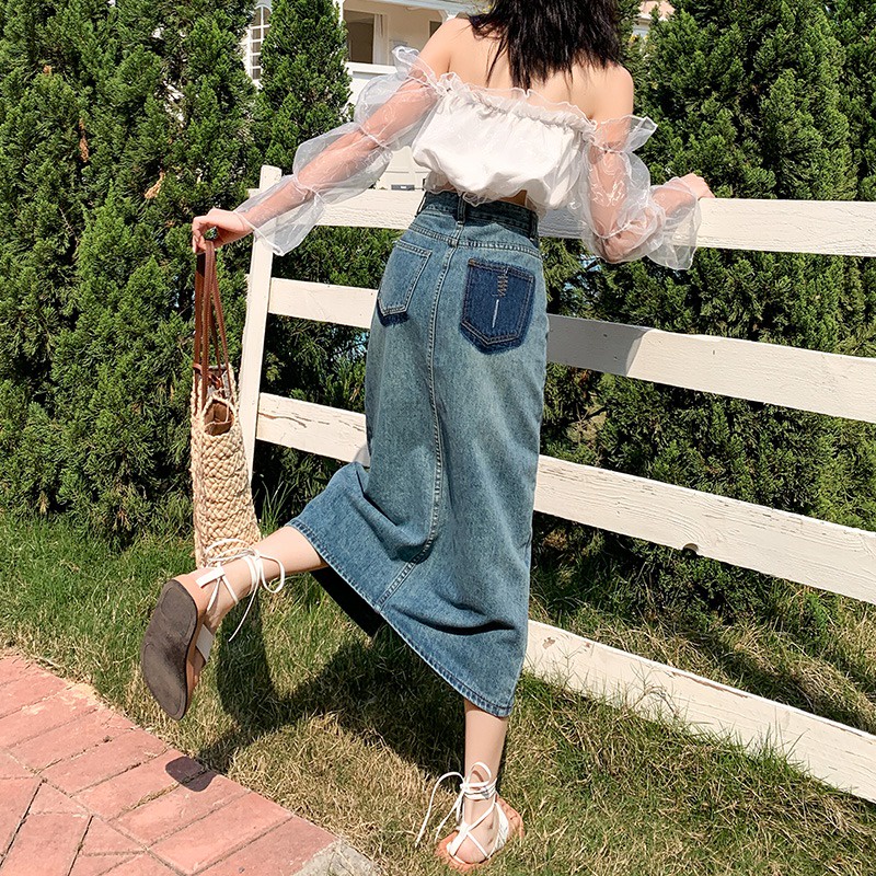 Chân váy jean Lưng Cao Dáng Chữ A Xẻ Tà Thời Trang Mùa Hè Hàn Quốc Cho Nữ
