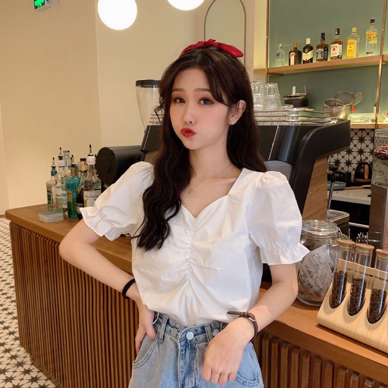 Áo Sơ Mi Tay Ngắn Phồng Cổ Chữ V Thời Trang Mùa Hè Phong Cách Pháp Cổ Điển Mới Cho Nữ