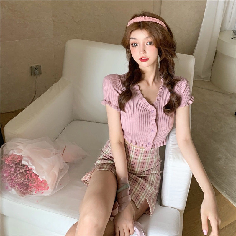 COZOK Áo Thun Dệt Kim Tay Ngắn Dáng Rộng Màu Trơn Dễ Phối Đồ Hợp Thời Trang