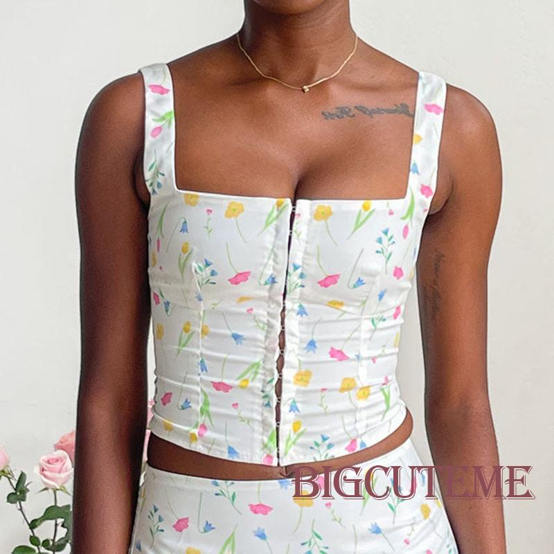 [] - Áo Crop Top Sát Nách In Hoa Có Khóa Cài Giữa