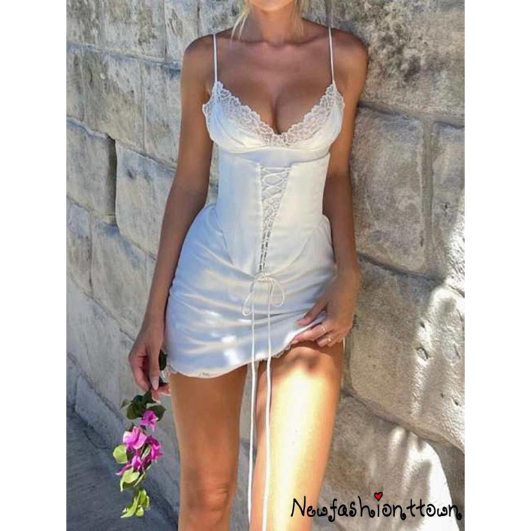 Đầm Satin Hai Dây Cổ Chữ V Phối Ren Thời Trang Dành Cho Nữ