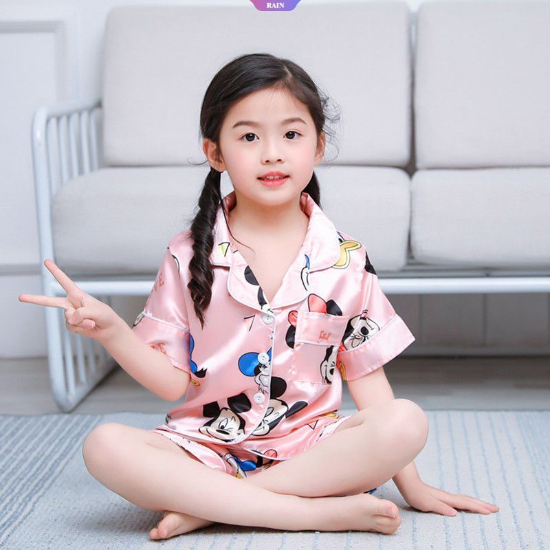 Bộ Đồ Ngủ Mỏng Mùa Hè Tay Cộc Dáng Rộng In Họa Tiết Hoạt Hình Gấu Pooh Mickey Minnie Pikachu Đáng Yêu Cho Trẻ Em