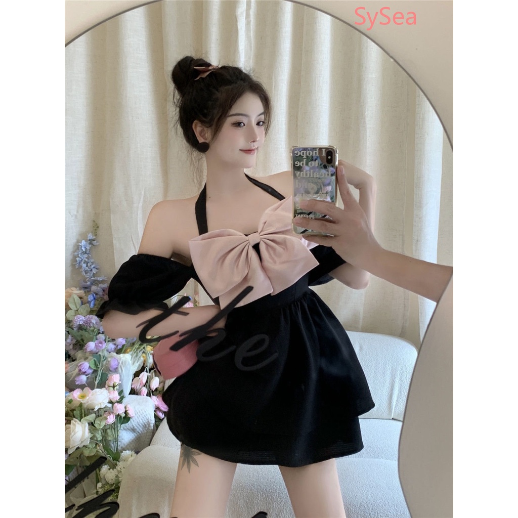 Đầm Tay Phồng Lưng Cao Cổ Thắt Nơ Phong Cách Hàn Quốc Cho Nữ