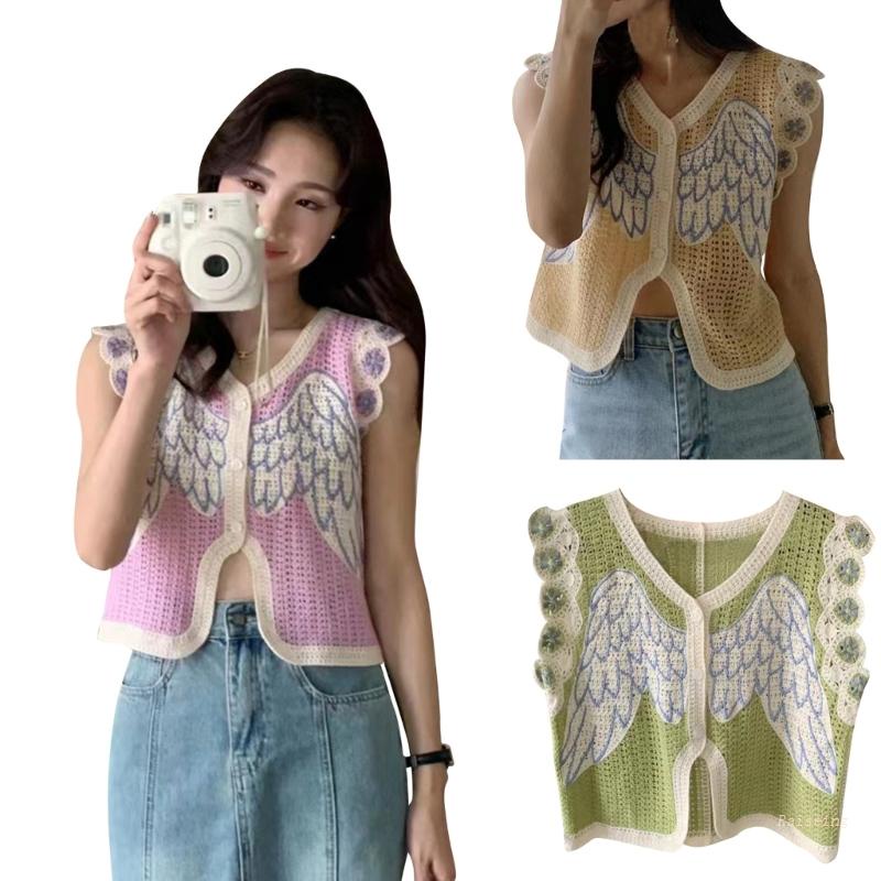 Áo Croptop Đan Móc Không Tay Thêu Họa Tiết Thời Trang Cho Nữ