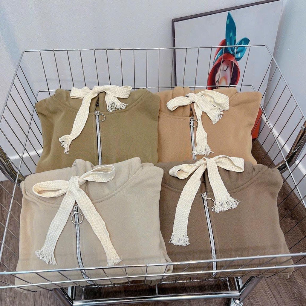 Áo khoác lửng croptop nỉ ngoại siêu dày phối dây to tay phồng có nón unisex nam nữ