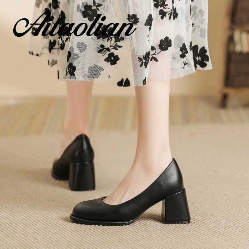 Giày Cao Gót 5cm Da Thật Mũi Vuông Phong Cách retro Anh Quốc Cho Nữ