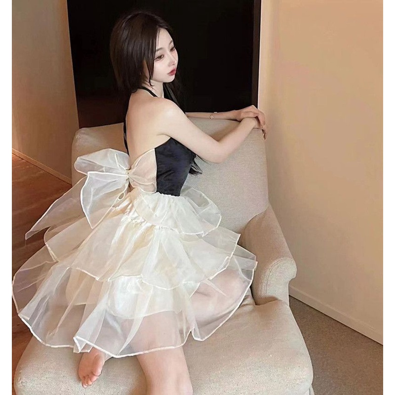 Đầm Ngắn Phối Lưới Cổ Yếm Thời Trang Mùa Hè Kiểu Mới Quyến Rũ Cho Nữ WLKZ