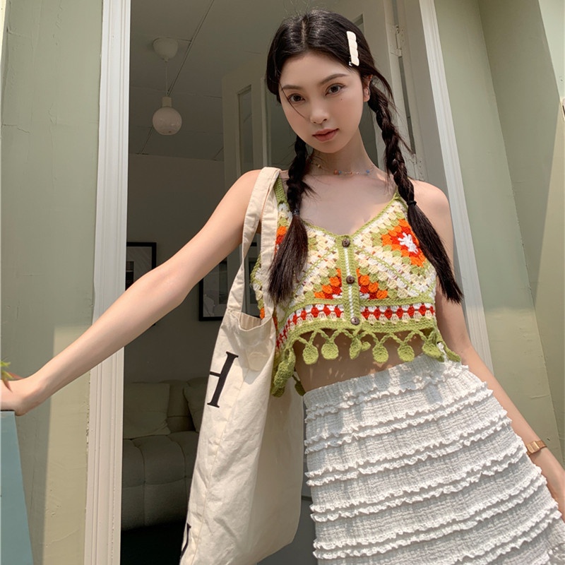 Áo Hai Dây Dệt Kim Cổ Chữ V Thêu Họa Tiết Thời Trang