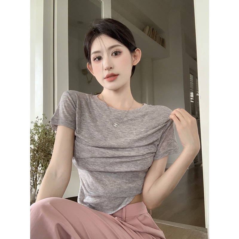 Áo Thun Mỏng Nhẹ Trong Suốt Tay Ngắn Xếp Ly Thời Trang Mùa Hè Quyến Rũ Cho Nữ