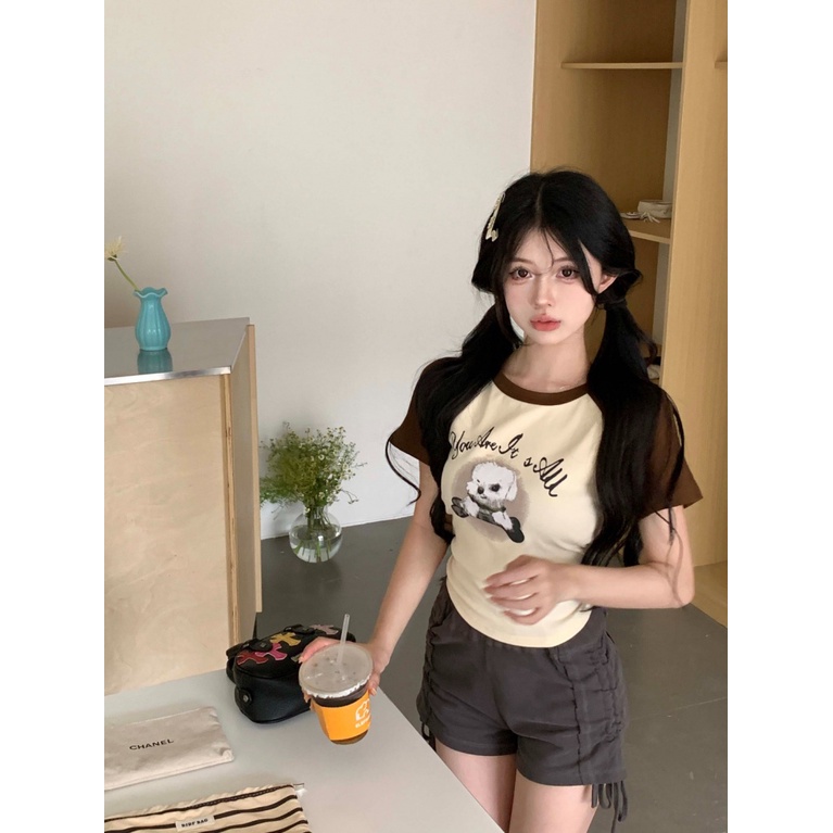 Áo baby tee Thun croptop T-Shirt Cotton Cổ Tròn Tay Raglan In Hình Chú Chó Thời Trang Mùa Hè 2023 Phong Cách Mới
