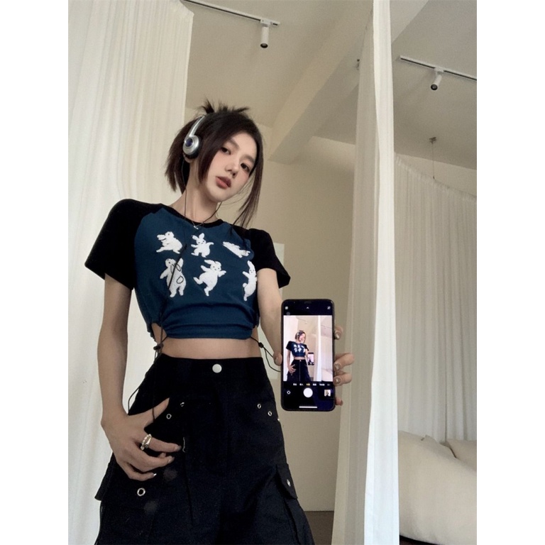 Áo baby tee Thun croptop Ngắn Tay Ôm Dáng Phối Dây Rút Họa Tiết Thỏ Phong Cách Mỹ Ngọt Ngào Cho Nữ