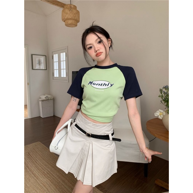 Áo baby tee Thun croptop Raglan Tay Ngắn Dáng Ôm In Chữ Thời Trang Mùa Hè Dành Cho Nữ