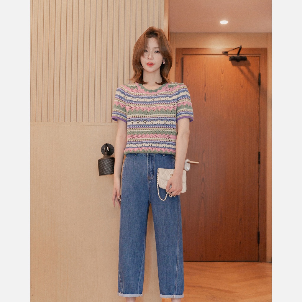 Áo Thun Dệt Kim Ngắn Tay Họa Tiết Kẻ Sọc Màu Sắc Tương Phản Thời Trang Mùa Hè Cho Nữ