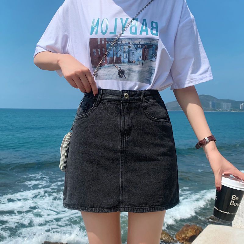 Chân váy jean Đen Dáng Chữ A Lưng Cao Phong Cách Retro Dành Cho Nữ