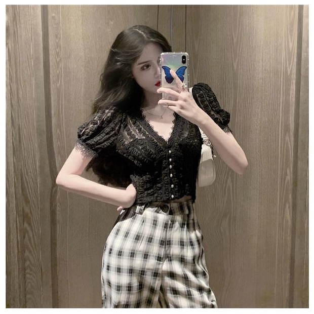 Áo Sơ Mi Ren Trắng Cổ V Tay Ngắn Phồng Ôm Dáng Thời Trang Mùa Hè Dành Cho Nữ