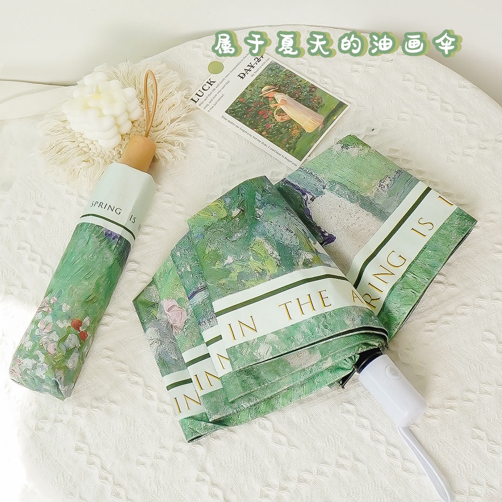 Dù Gấp Tự Động Chống Nắng Mưa / Nắng In Hình Tranh Sơn Dầu Cổ Điển Chất Lượng Cao Cho Nữ