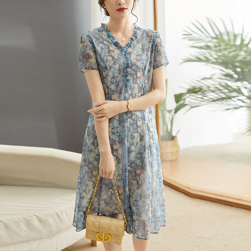 Đầm Chiffon Họa Tiết Hoa Plus Size Phong Cách Phương Tây Thời Trang Mùa Hè Cho Phụ Nữ Trung Niên