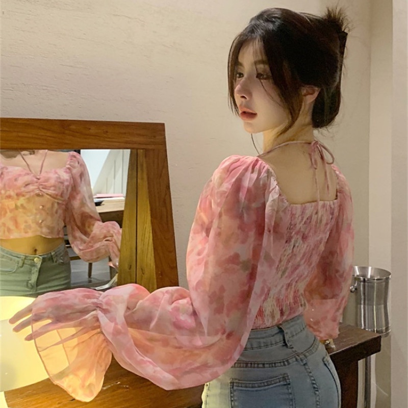 Áo Voan Hoa Cổ Vuông Tay Dài Hở Vai Thời Trang Dành Cho Nữ