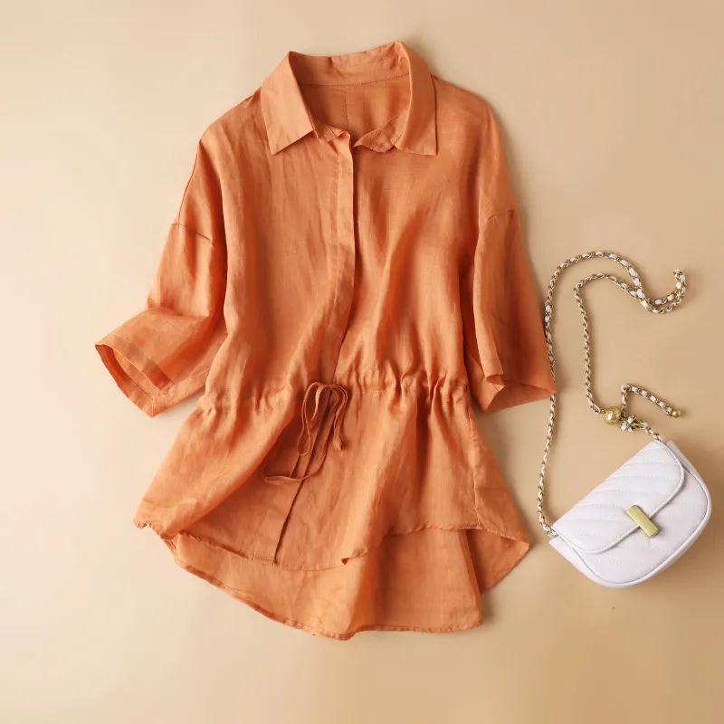 Áo Sơ Mi Vải Lanh Cotton Tay Ngắn Dáng Rộng Phối Dây Rút Thời Trang Mùa Hè Cho Nữ