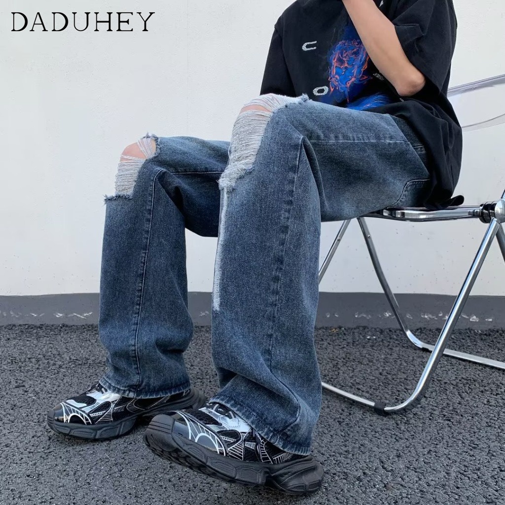 DaDuHey Men's Hong Kong Style 2023 New Summer Fashion Personality Jeans Hip Hop Ins High Street Fashionable Casual Pants