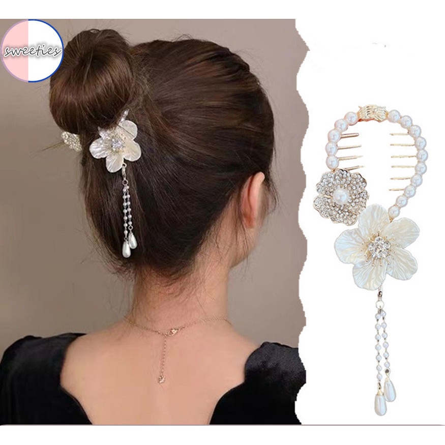 Kẹp Tóc Tua Rua Hình Hoa Trà Đính Ngọc Trai Giả Thanh Lịch Cổ Điển Dành Cho Cô Dâu Năm 2023
