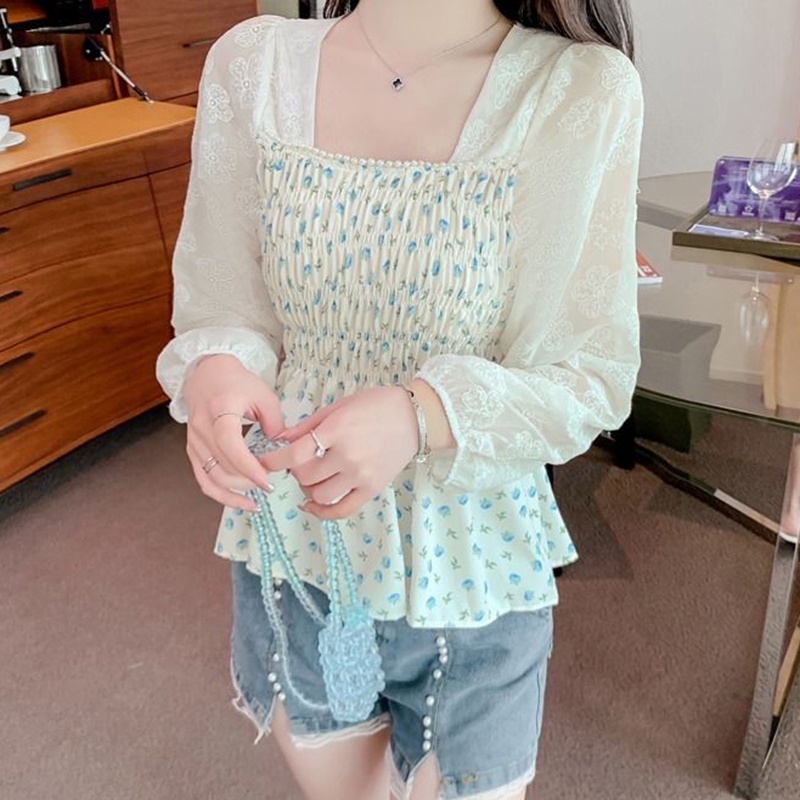 IELGY   Áo Sơ Mi Dài Tay Cổ Vuông Họa Tiết Hoa Phong Cách Pháp Thời Trang Cho Nữ