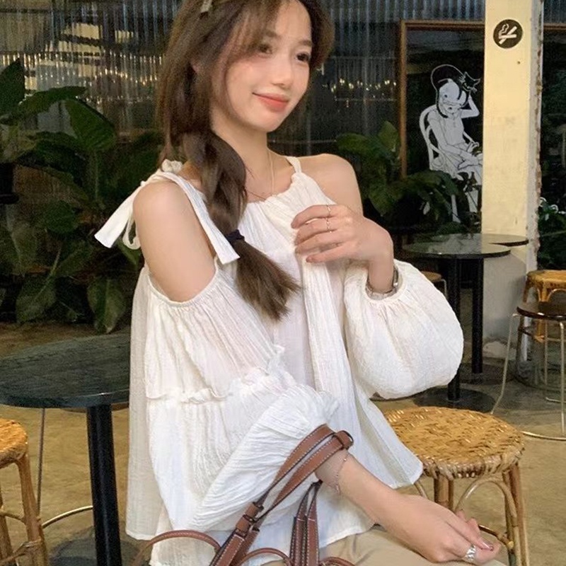 IELGY   Áo Kiểu Tay Dài Hở Vai Xếp Ly Thời Trang Dành Cho Nữ