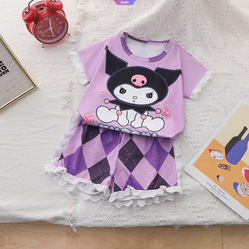 Bộ Đồ Ngủ Ngắn Tay Dáng Rộng In Họa Tiết Hoạt Hình Hello Kitty Cinnamoroll Kuromi My Melody Pikachu Cho Bé Gái