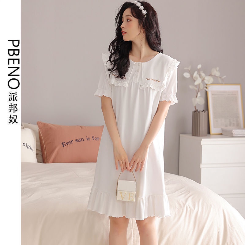 Đầm Ngủ Tay Ngắn Cỡ Lớn Phối Ren Màu Trắng Phong Cách Preppy Sang Trọng Thời Trang Mùa Hè Cho Nữ