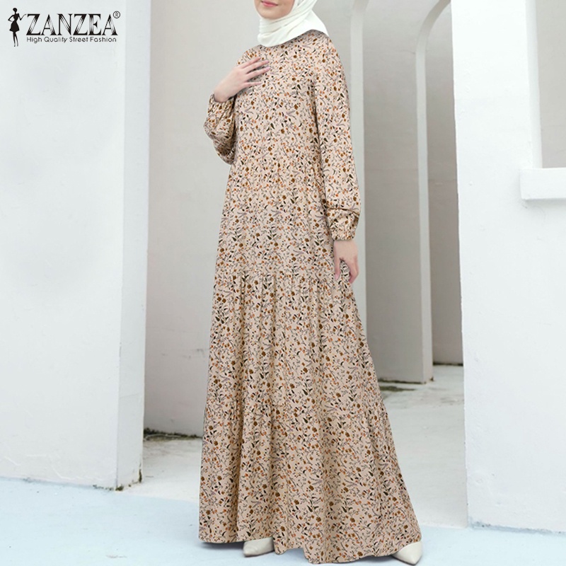 Zanzea Đầm Maxi Tay Dài Phồng In Hoa Thời Trang Cho Phụ Nữ Hồi Giáo