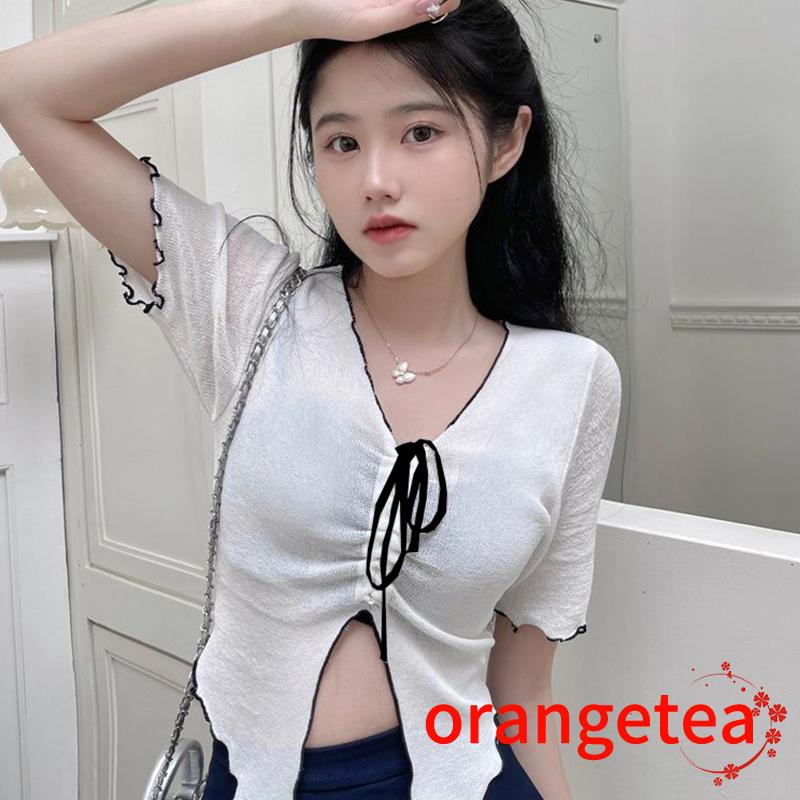 Áo Thun Nữ Ngắn Tay Cổ Chữ V Dây Rút Thời Trang