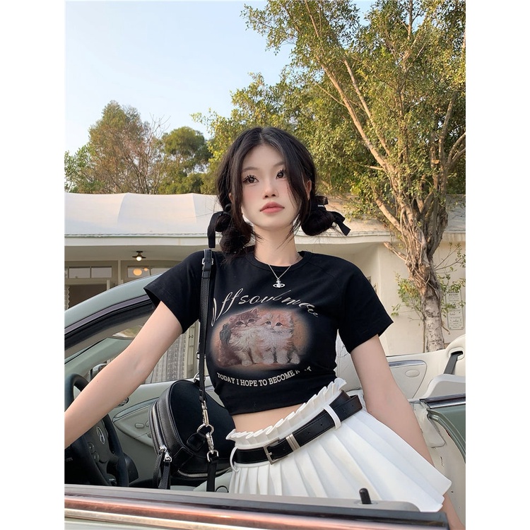 Áo baby tee Thun croptop Cotton Tay Ngắn Cổ Tròn In Hình Mèo Thời Trang Mùa Hè Dành Cho Nữ
